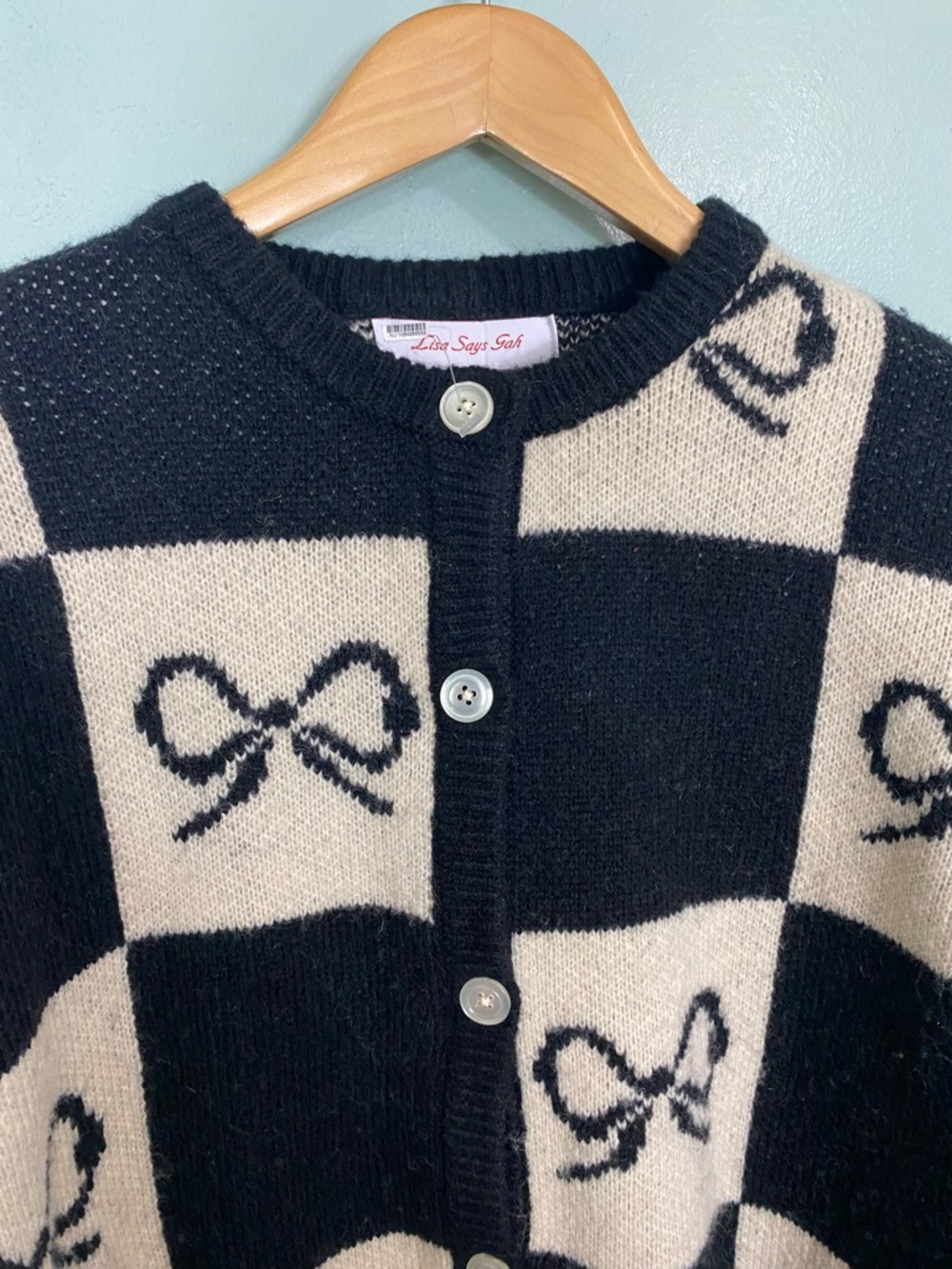 Lisa Says Gay Lauda Black‎ White Bow Check Plaid Cardigan Size Small & XS - Picture 2 of 12